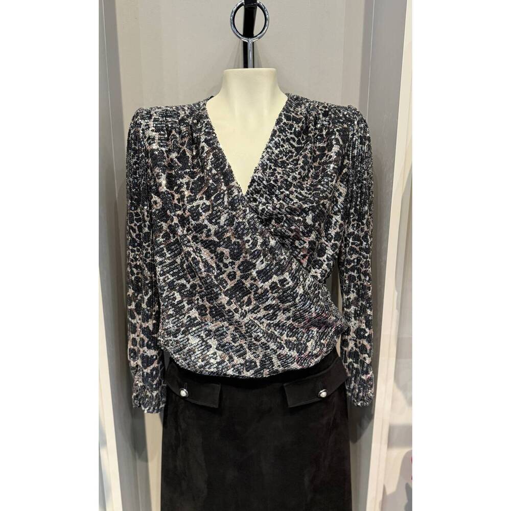 NEW ESQUALO women's sequin animal print top in silver